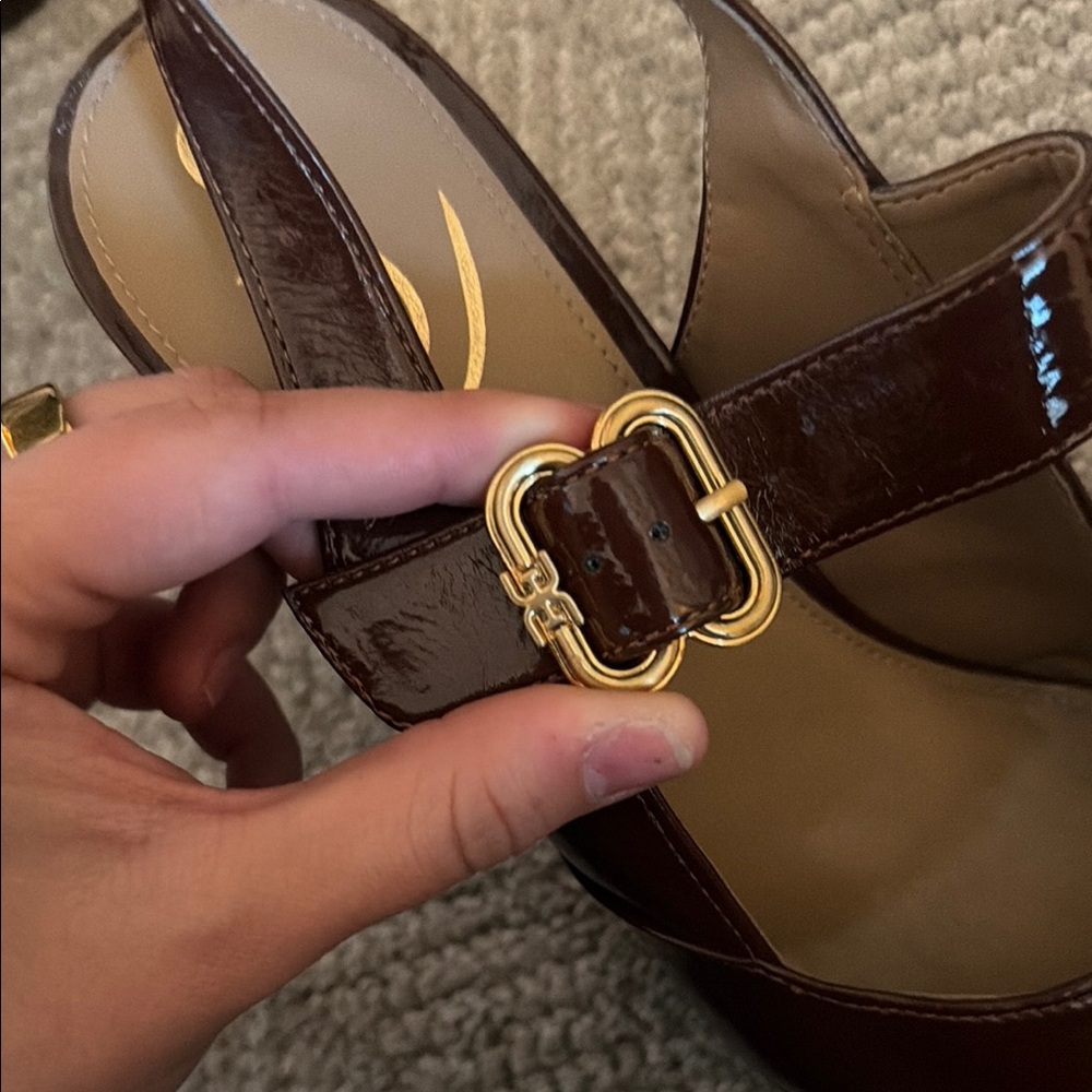 Women's Brown Patent Slingback Heels with Buckle - Picture 6 of 6